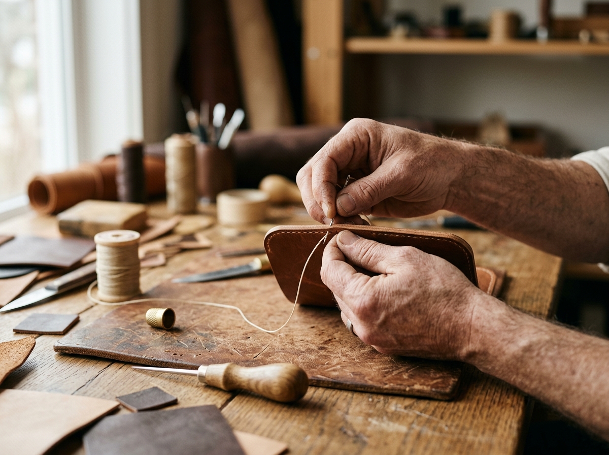 Hands working at a detailed craft bench